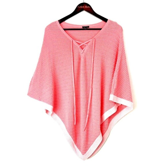 Talbots Womens Size L Pink Poncho Sweater Asymmetrical Cotton Blend Front Tie T - Picture 2 of 12